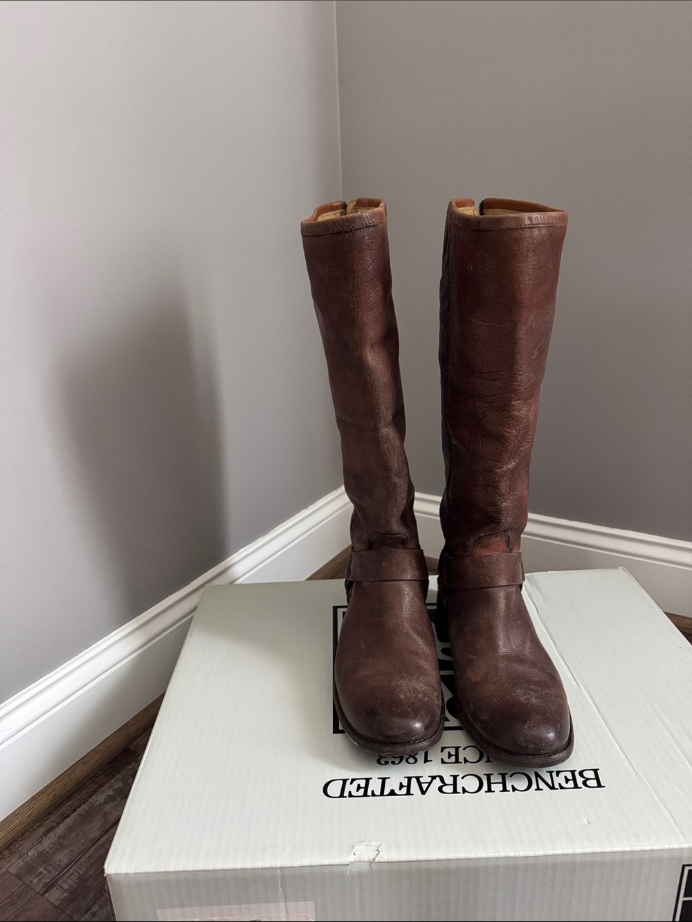 Frye Brown Leather Knee-High Harness Boots